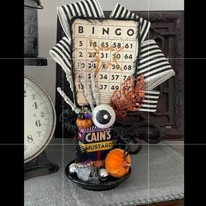 Halloween Arrangement Hand Made: Antique Cains Spice Can & Vintage Trinkets